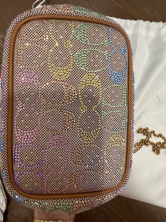 Coach Crystal Rainbow Signature Kisslock Bag with Tan Leather and Brass Hardware - Picture 13 of 15